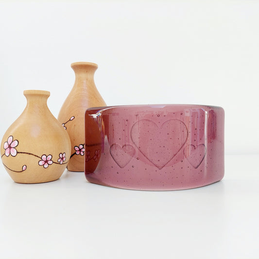Plum Fused Glass Curve with a Trio of Kiln Carved Hearts, Purple Glass Art Ornament