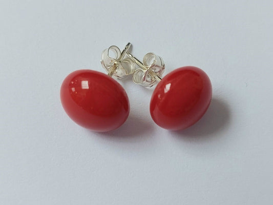 Red Glass Stud Earrings with Sterling Silver Posts and Butterfly Closures, Small Fused Glass Studs, Minimalist Red Earrings, Red Accessories