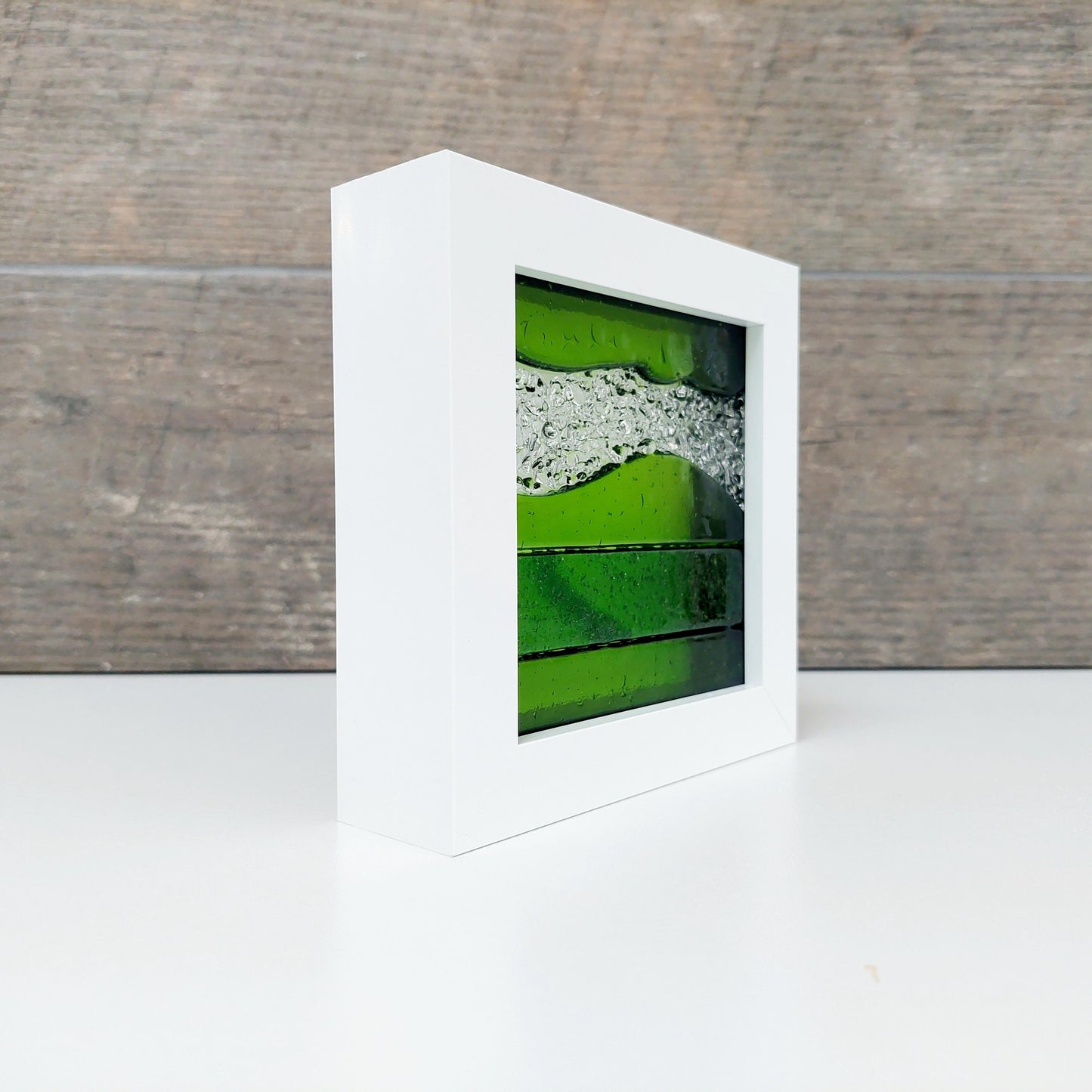 Artisan Green Glass Art Picture, Small Lime and Aventurine Green Fused Glass Framed Picture, Mantlepiece Picture, Green Living Room Décor