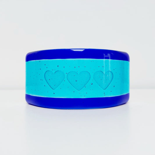 Turquoise Glass Heart Curve with Cobalt Accents, Handmade Blue Glass Art Ornament with a Trio of Kiln Carved Hearts, Turquoise Décor