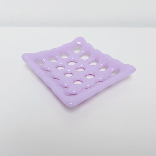 Lilac Glass Soap Dish, Pastel Purple Kiln Formed Glass Soap Dish with Holes (Lattice Design), Fused Glass Soap Tray, Lilac Bathroom Décor