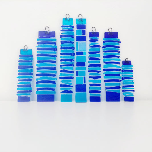 Abstract Blue Glass Art Suncatcher, Handmade Turquoise and Cobalt Blue Wall Hanging