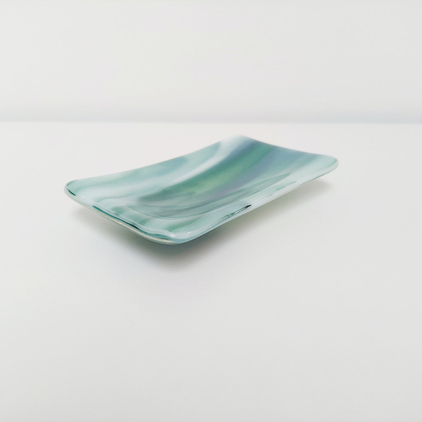 Summer on the Fells Glass Art Dish, Handmade Aventurine Green Fused Glass Soap Tray, Artisan Bedside Table Trinket Dish, Natural Green Décor