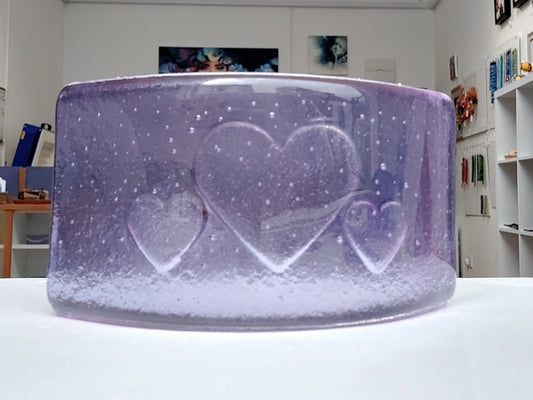 Lilac Glass Heart Ornament, Handmade Light Purple Fused Glass Curve with a Trio of Kiln Carved Hearts, Lilac Bedroom Décor, Gift for Her
