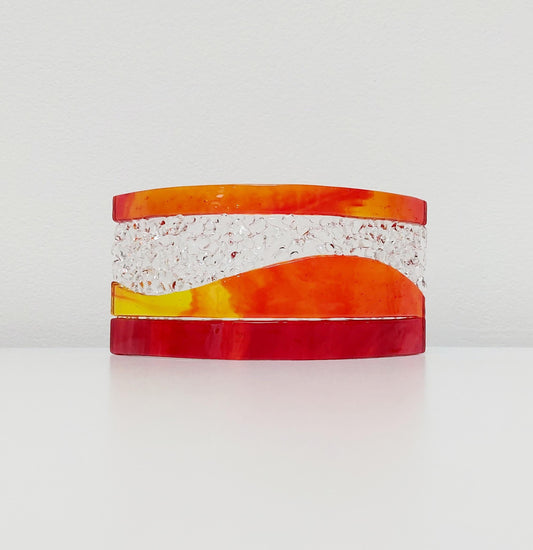 Sunset Glass Art Curve, Unusual Handcrafted Red and Orange Fused Glass Ornament, Red and Orange Living Room Décor, Freestanding Suncatcher