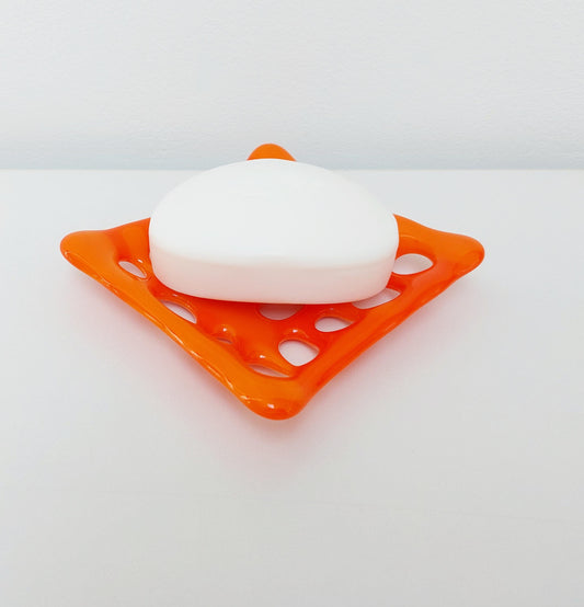 Vibrant Orange Glass Soap Dish with Holes, Handcrafted Fused Glass Soap Tray, Small Organic Glass Art Tray, Boho Orange Bathroom Décor