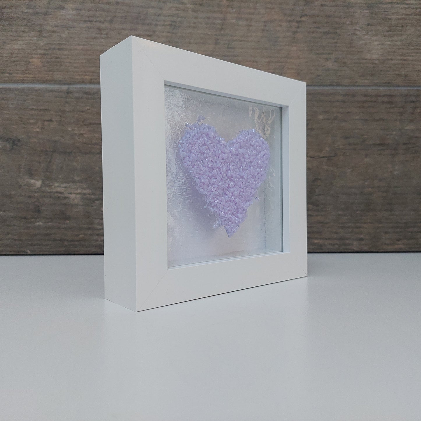 Framed Lilac Glass Heart, Freestanding Picture, Light Purple Wall Decor