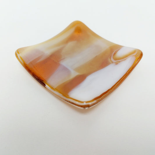 Amber Glass Art Ring Dish, Small Kiln Formed Bedside Table Trinket Dish