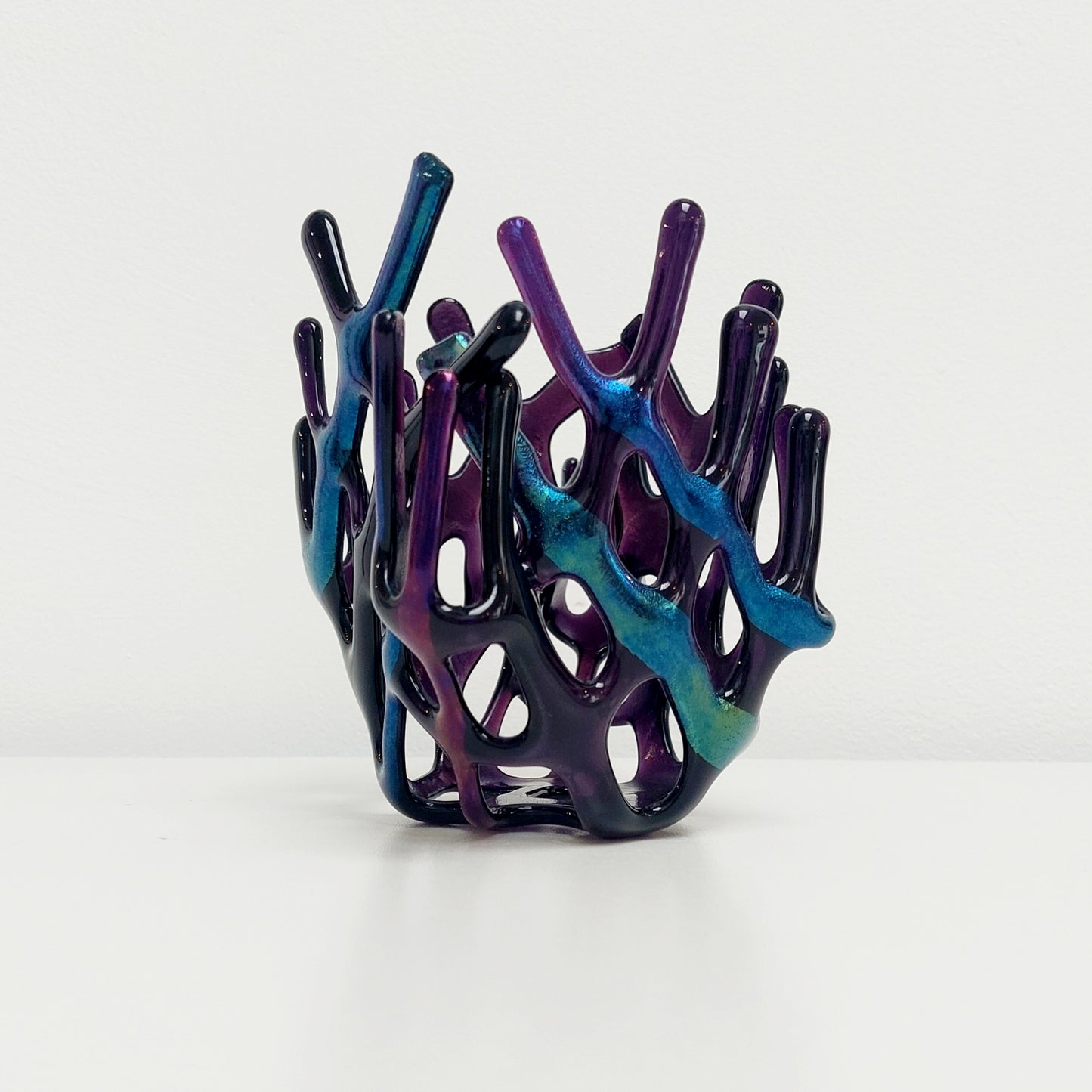 Handcrafted Iridescent Amethyst Glass Basket, Asymmetrical Coral Vase, Art Sculpture