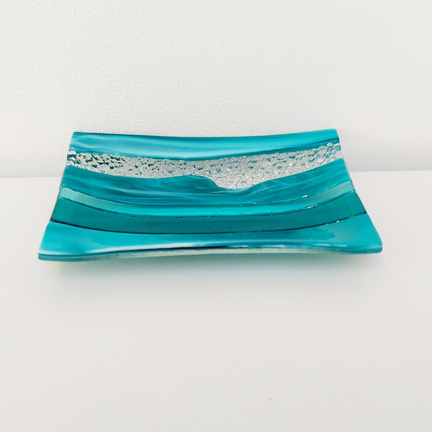 Aqua & Teal Glass Art Plate, Handmade Textured Soap Tray