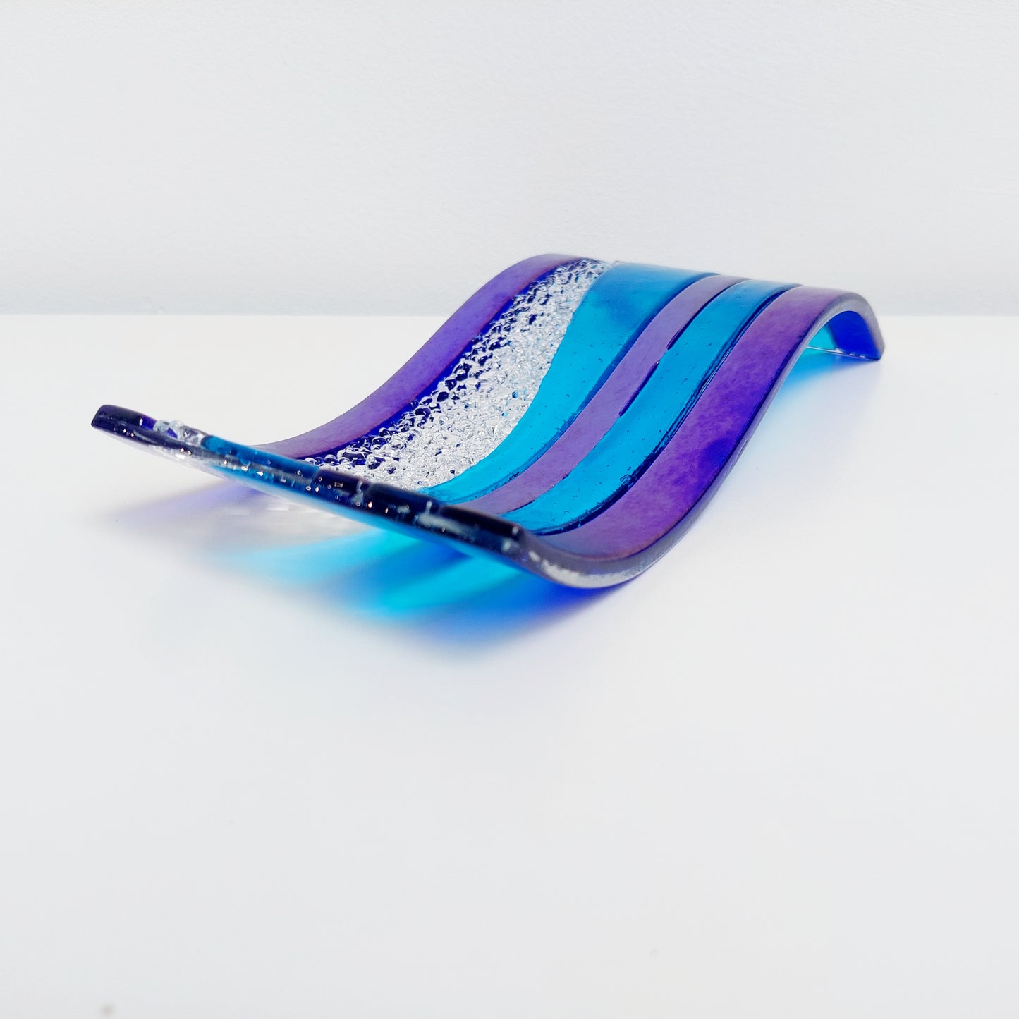 Handcrafted Blue Glass Art Ornament, Lake Windermere Inspired Freestanding Wave | S Curve