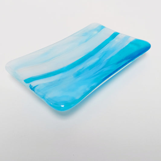 Winter in the Lakes Glass Art Soap Dish, Contemporary Handcrafted Turquoise and White Fused Glass Trinket Dish, Turquoise Bathroom Décor