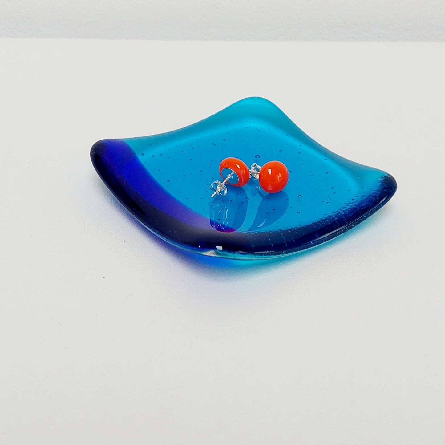 Turquoise Glass Art Ring Bowl with Cobalt Blue Accent, Handmade Bedside Table Trinket Dish
