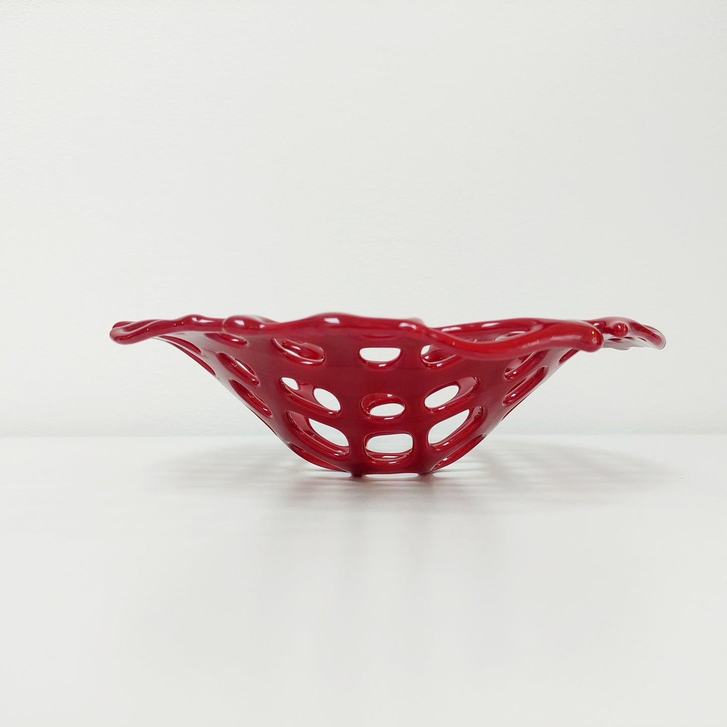 Dark Red Glass Coral Bowl, Organic Kiln Formed Sculptural Basket