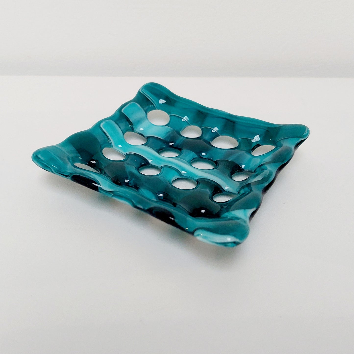 Teal and Aqua Glass Soap Dish with Holes