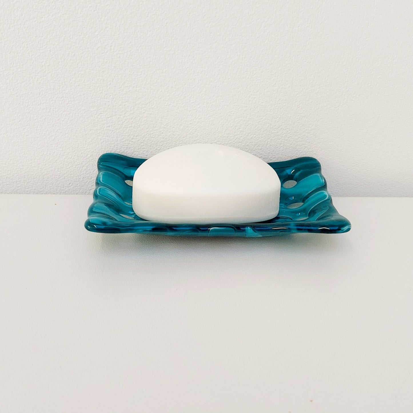 Rectangular Teal & Aqua Glass Soap Dish with Holes