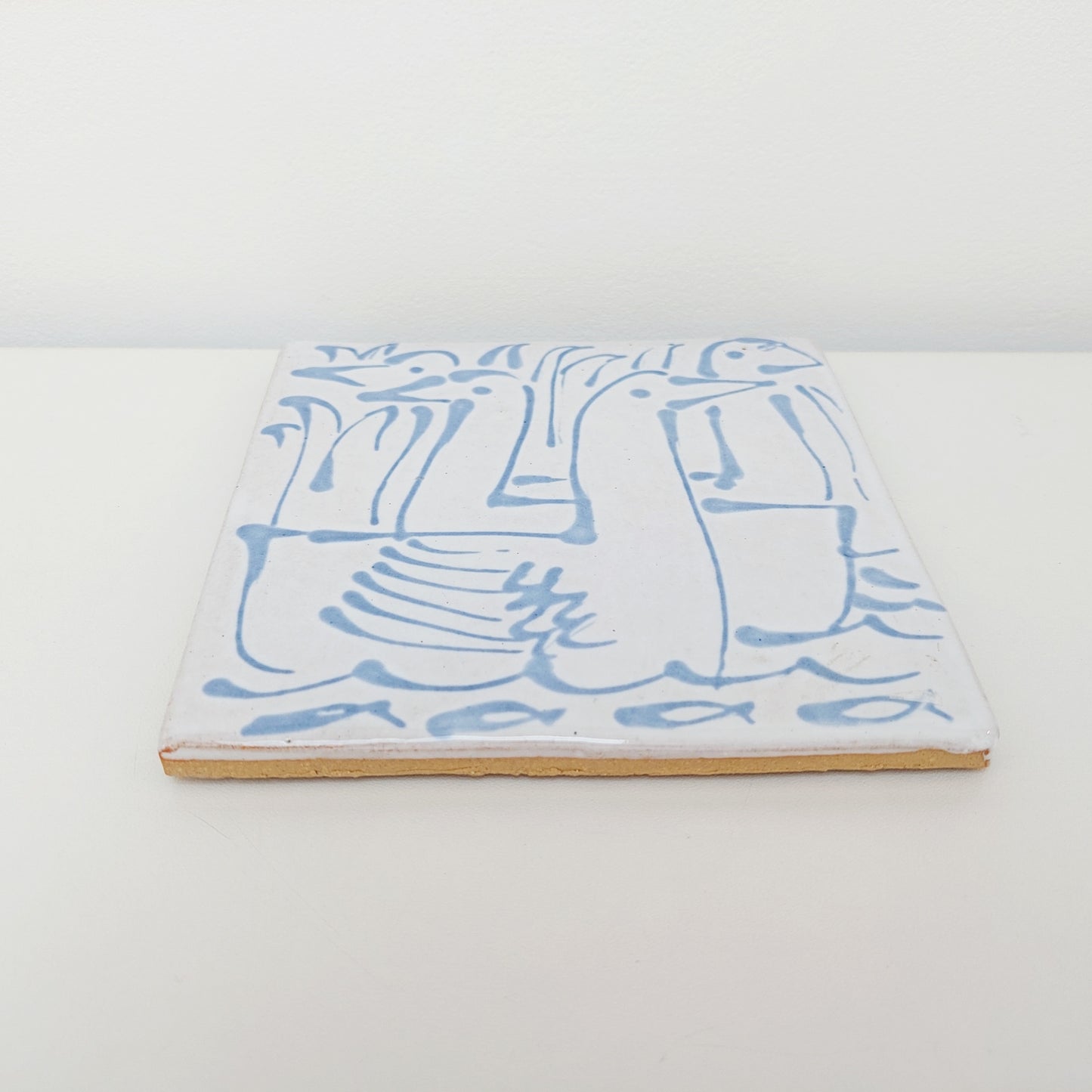 Handcrafted Blue & White Earthenware Tile with Geese Motif | Table Mat