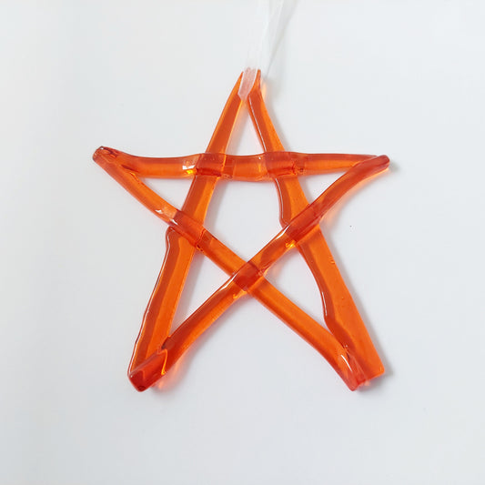Orange Kiln Formed Glass Star, Handcrafted Christmas Tree Ornament