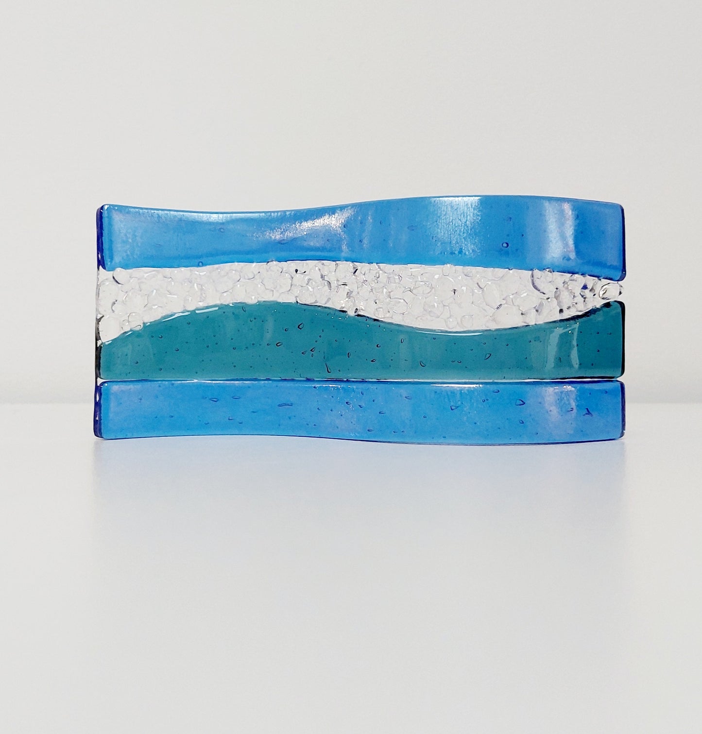 Handcrafted Lake District Glass Ornament, Small Blue Green Fused Glass Wave