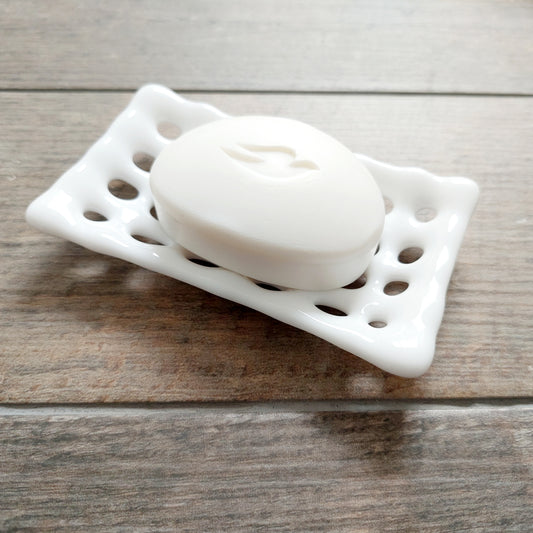 Rectangular White Glass Soap Dish with Holes, Handcrafted Organic Fused Glass Art Soap Tray, White Bathroom Accessory, White Bathroom Décor