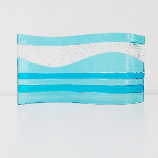 Large Aqua Glass Art Wave with Turquoise Accents, Handmade Textured Fused Glass Ornament, Aqua Décor, Beach House Décor, Lake District Gift