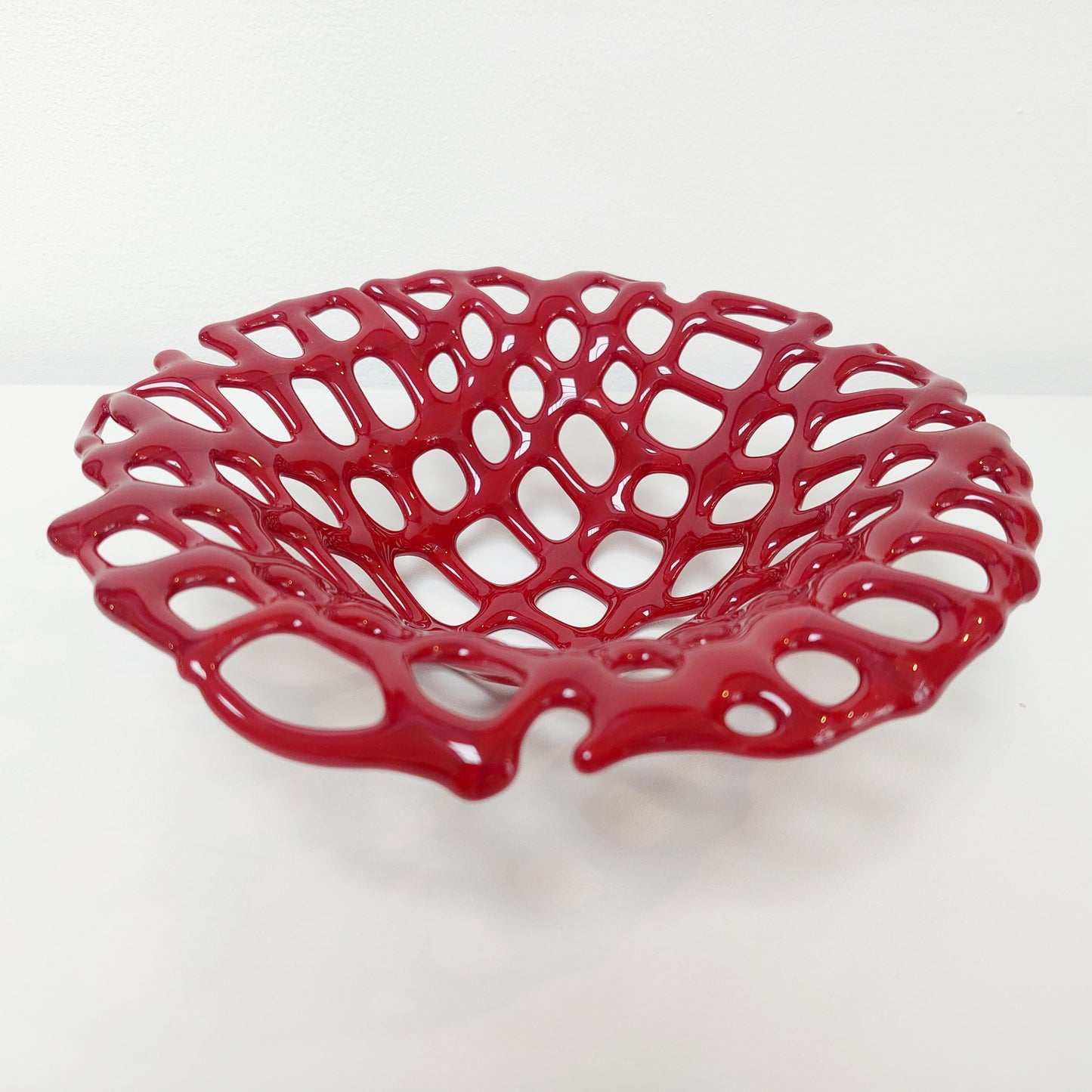Dark Red Glass Coral Bowl, Organic Kiln Formed Sculptural Basket