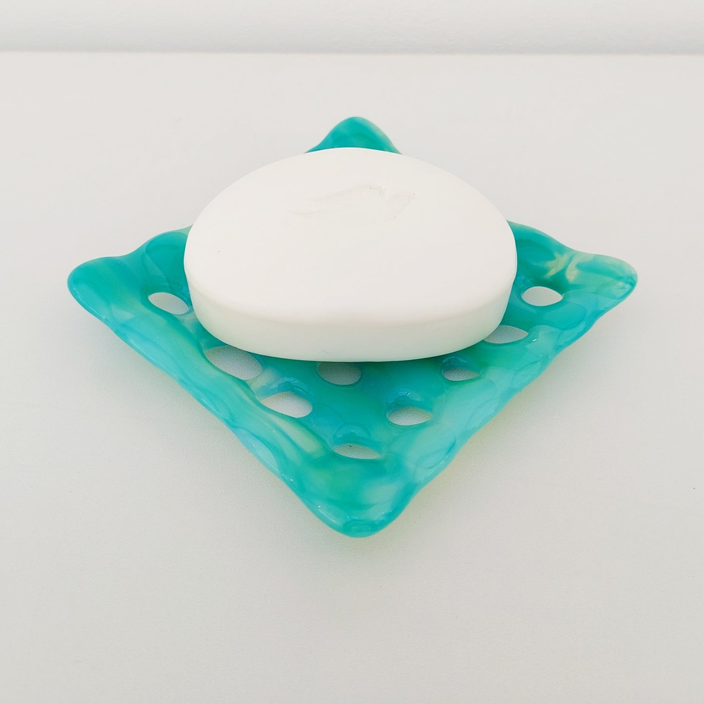 Rydal Water Glass Soap Dish with Holes, Handcrafted Light Green Soap Tray