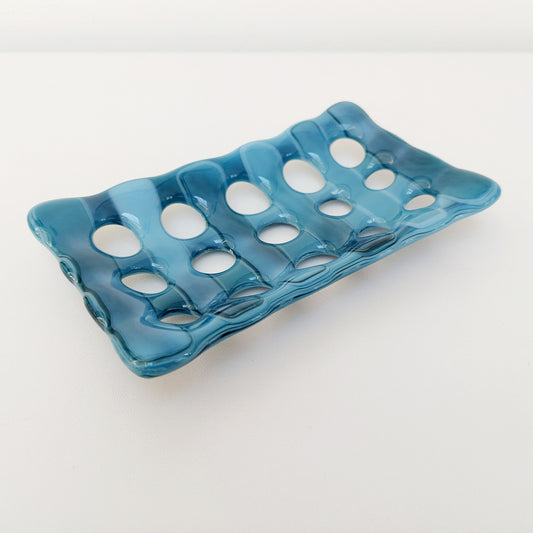 Derwent Water Glass Soap Tray with Holes, Handcrafted Marine Blue Soap Dish