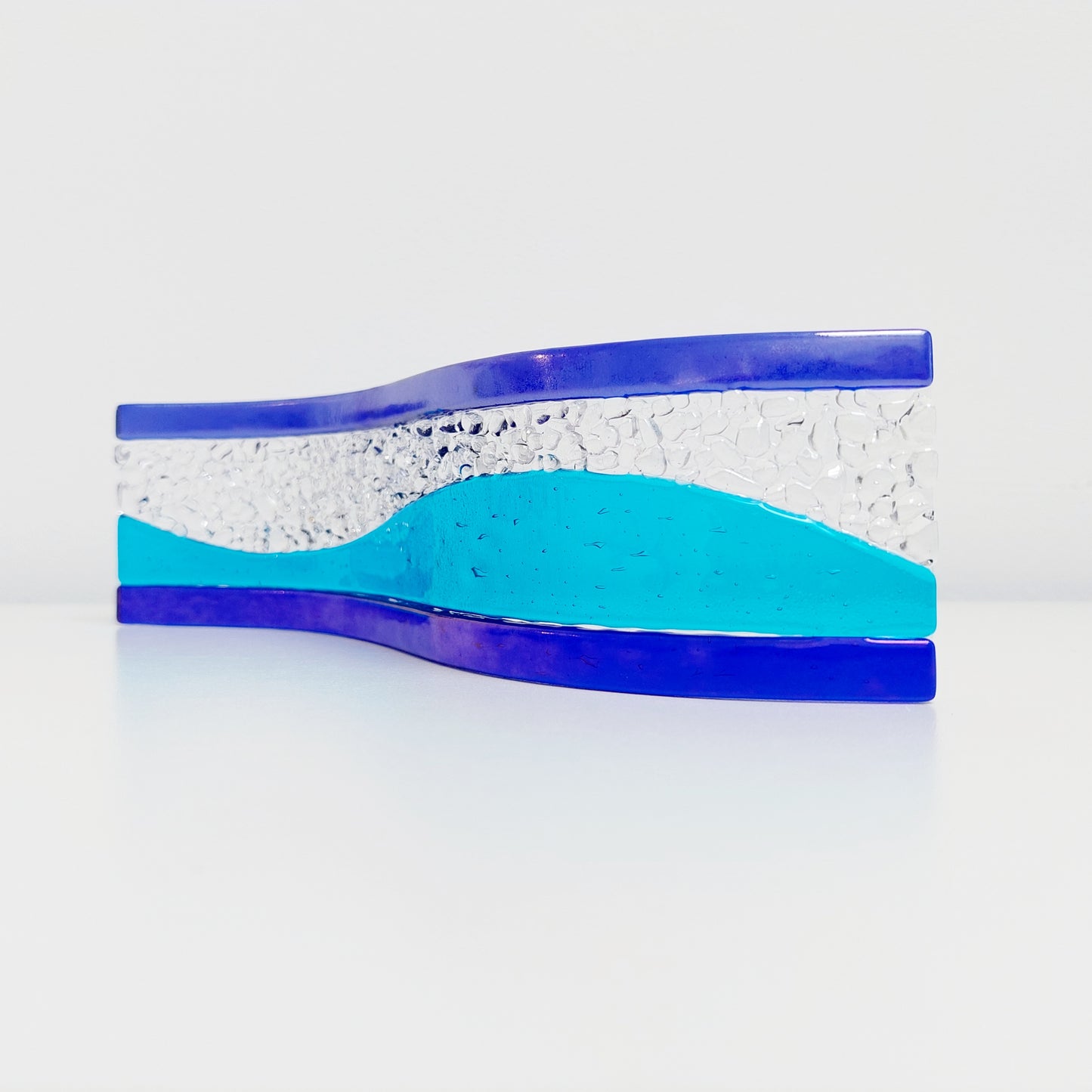 Turquoise and Iridescent Blue Glass Art Ornament |Freestanding Wave | S Curve