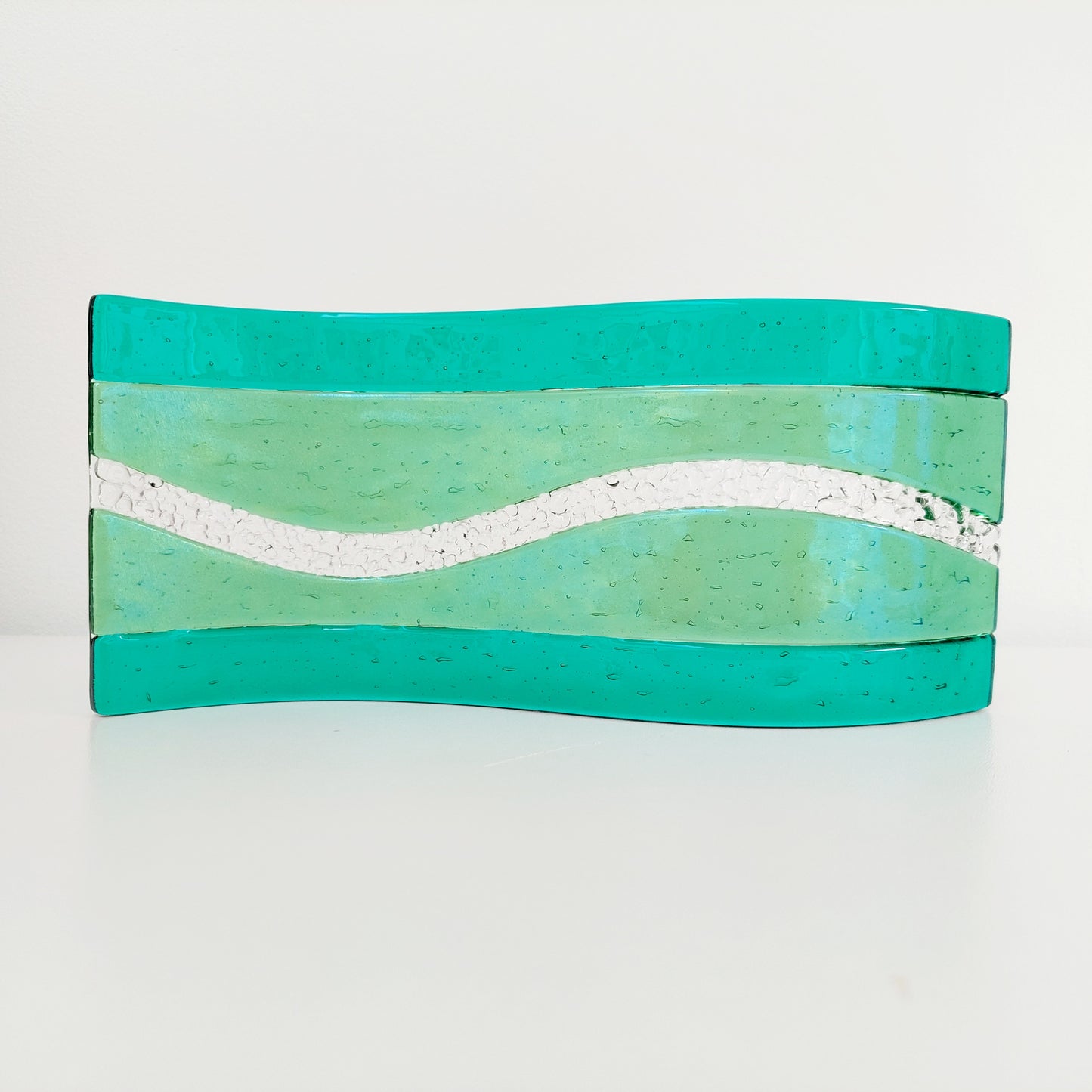 Emerald & Iridescent Light Green Glass Art Wave