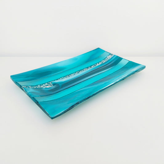 Teal and Aqua Glass Art Plate, Handcrafted Decorative Tray
