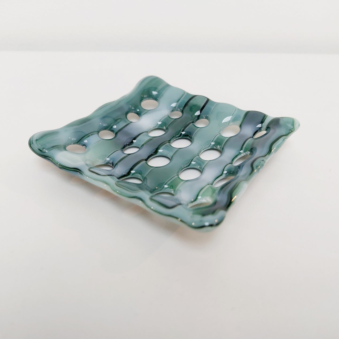 Summer on the Fells Glass Soap Tray with Holes, Green Bathroom Décor