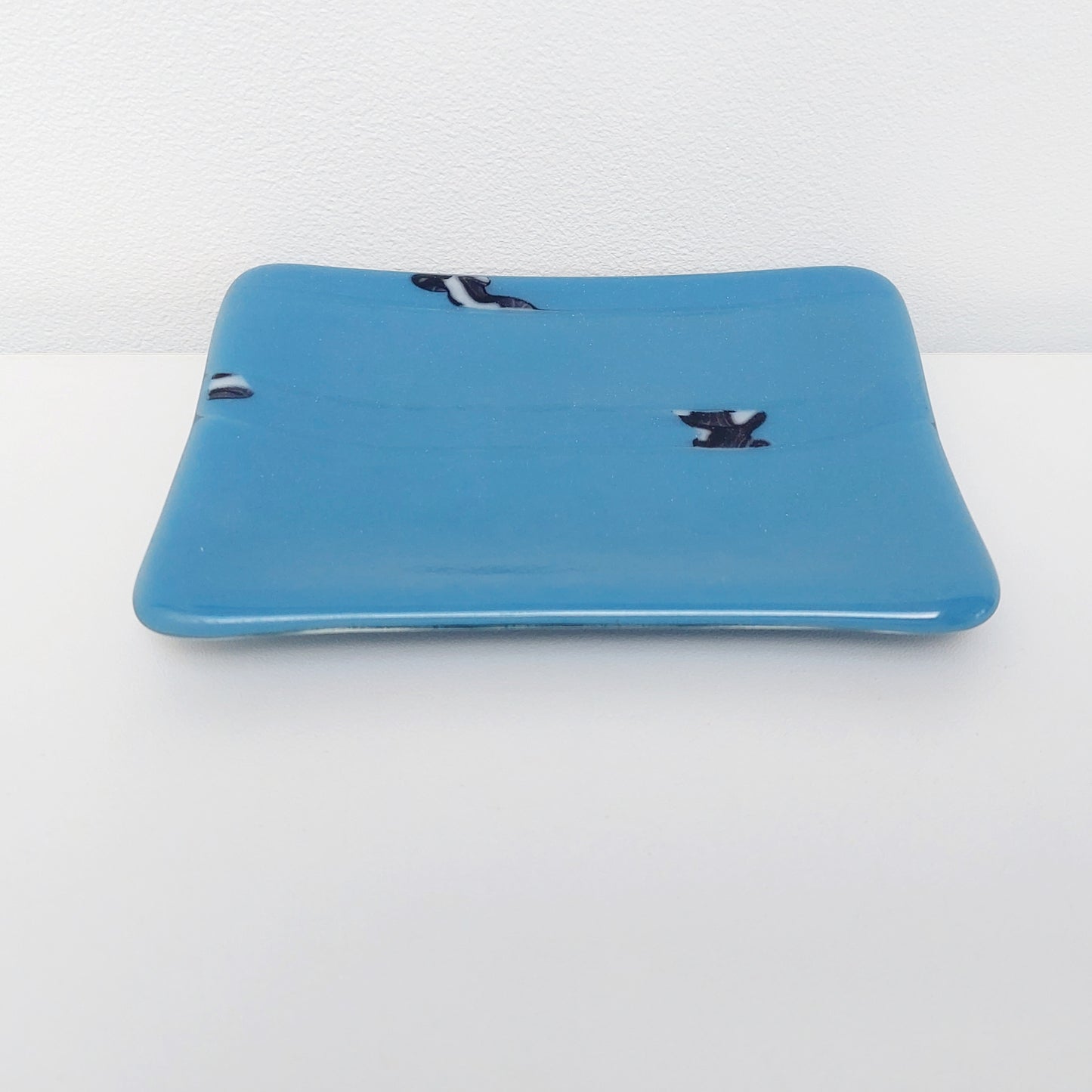 Denim Blue Glass Dish with an Abstract Black and White Design