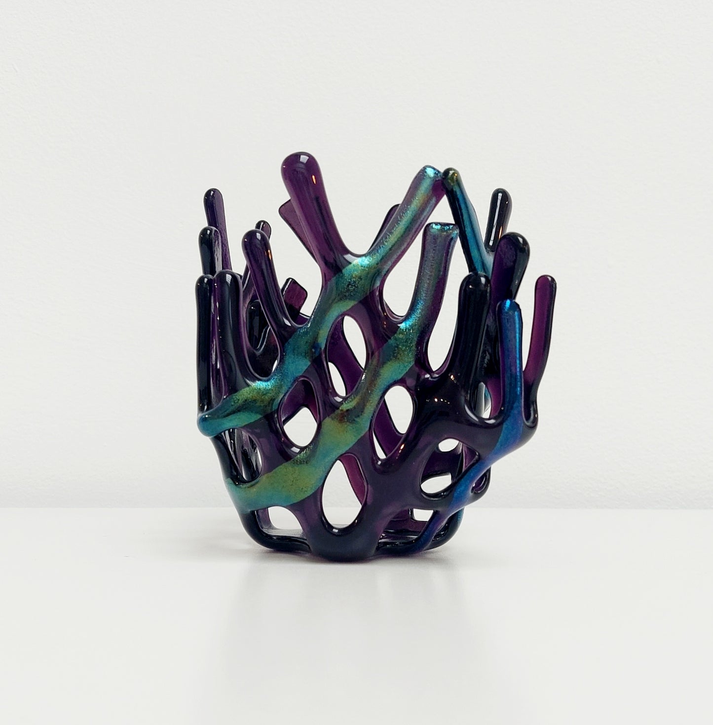 Handcrafted Iridescent Amethyst Glass Basket, Asymmetrical Coral Vase, Art Sculpture