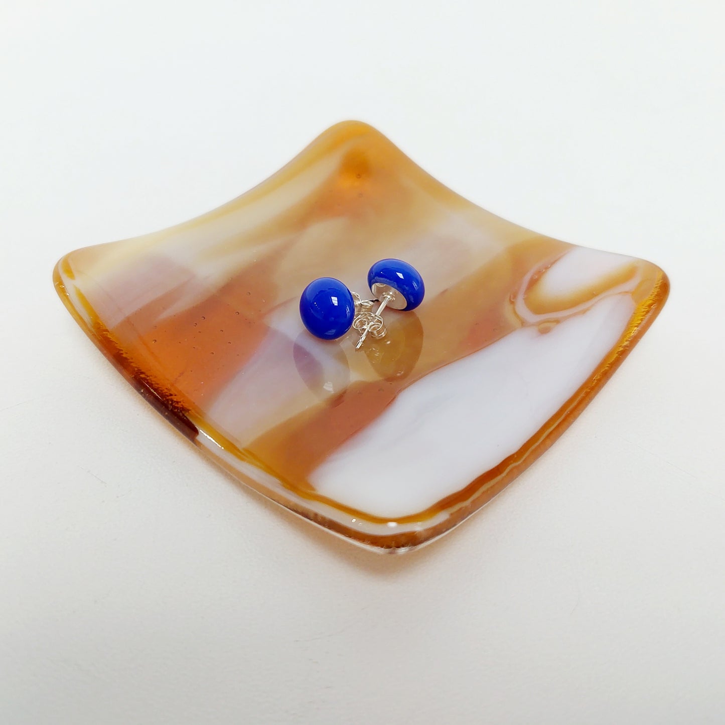 Amber Glass Art Ring Dish, Small Kiln Formed Bedside Table Trinket Dish