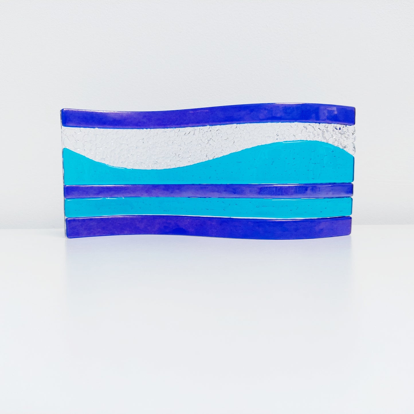Handcrafted Blue Glass Art Ornament, Lake Windermere Inspired Freestanding Wave | S Curve