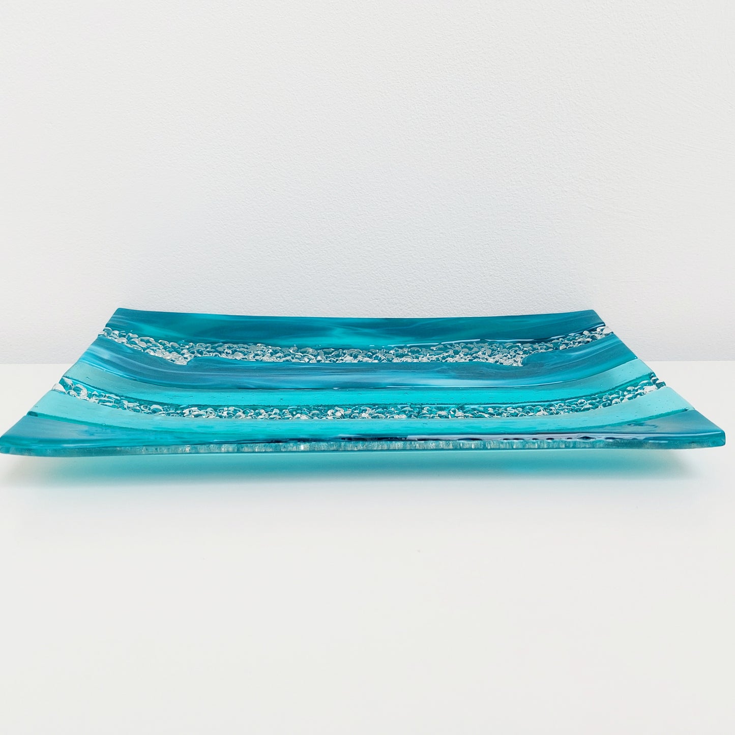 Teal and Aqua Glass Art Plate, Handcrafted Decorative Tray