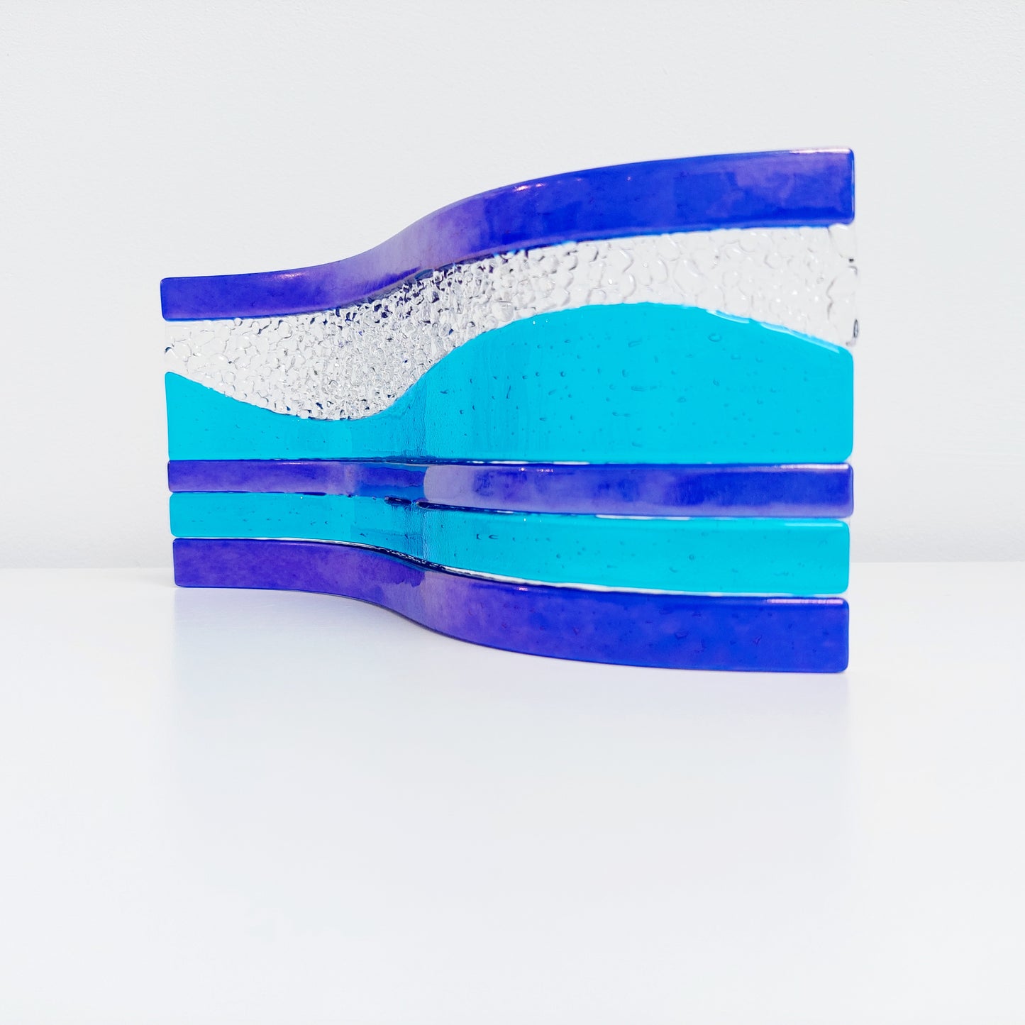 Handcrafted Blue Glass Art Ornament, Lake Windermere Inspired Freestanding Wave | S Curve