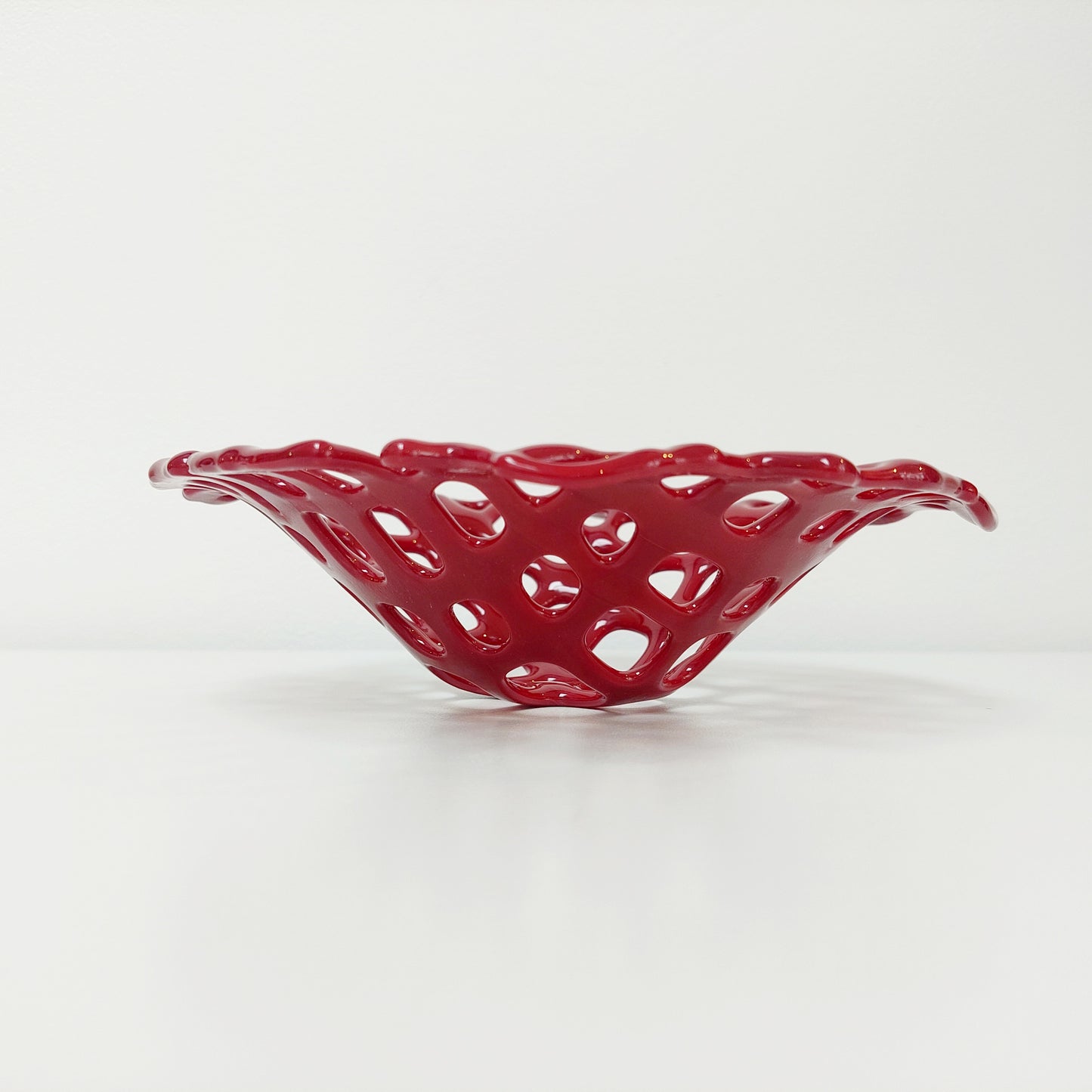 Dark Red Glass Coral Bowl, Organic Kiln Formed Sculptural Basket