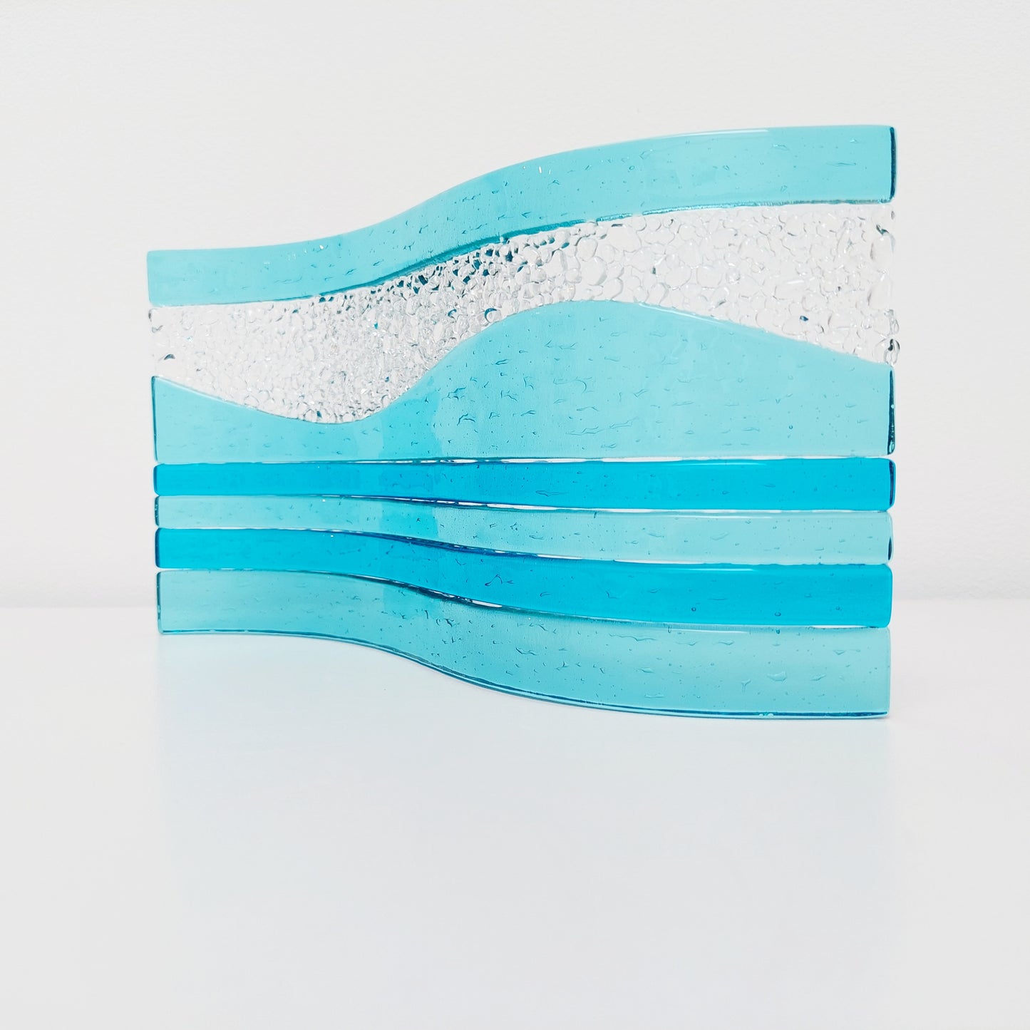 Large Aqua Glass Art Wave with Turquoise Accents, Handmade Textured Fused Glass Ornament, Aqua Décor, Beach House Décor, Lake District Gift