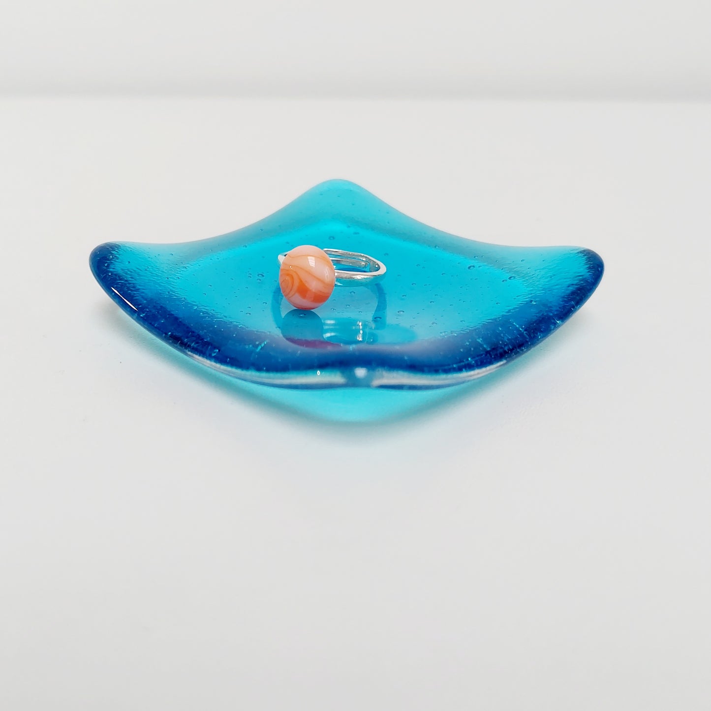 Turquoise Glass Heart Ring Dish, Small Handmade Fused Glass Trinket Dish