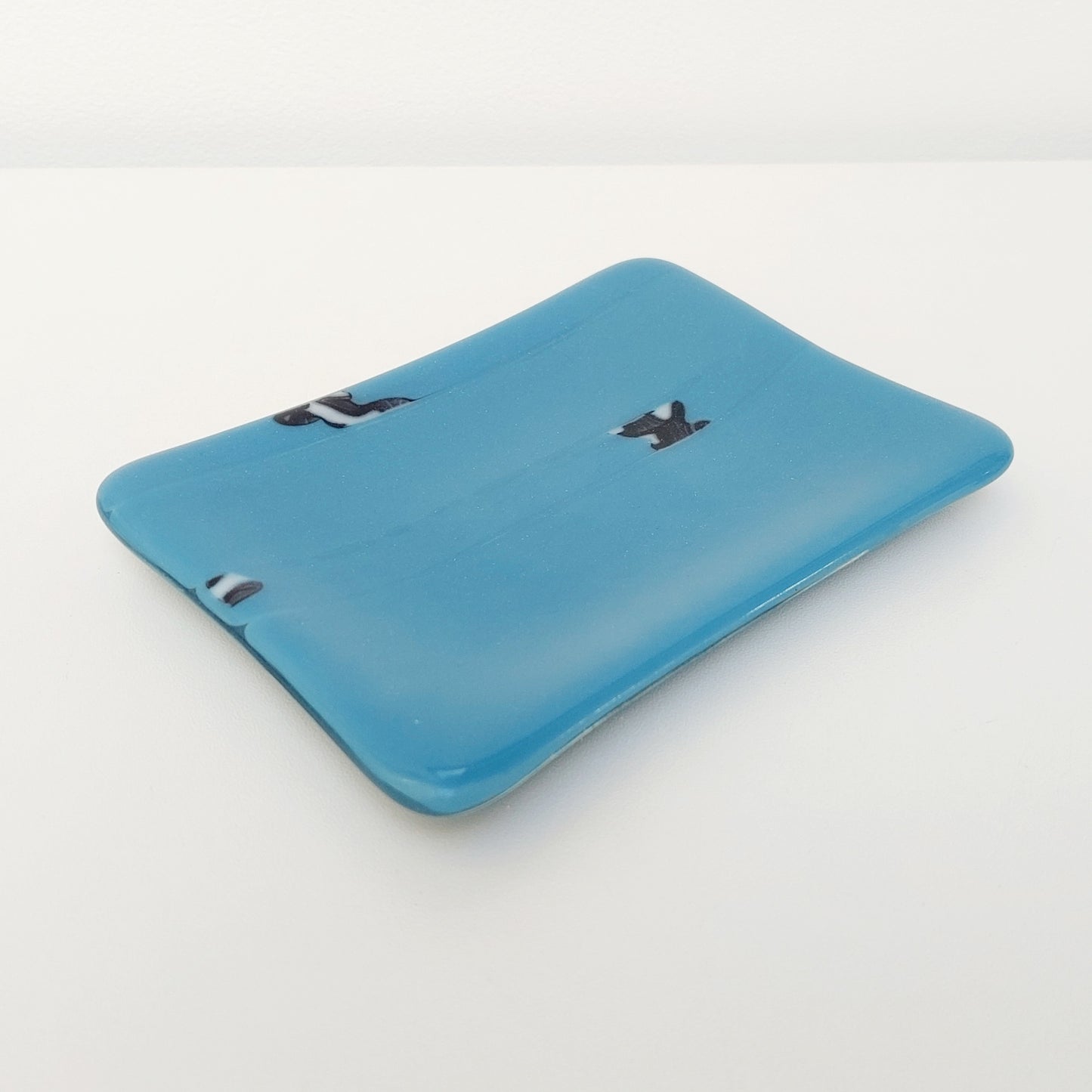 Denim Blue Glass Dish with an Abstract Black and White Design