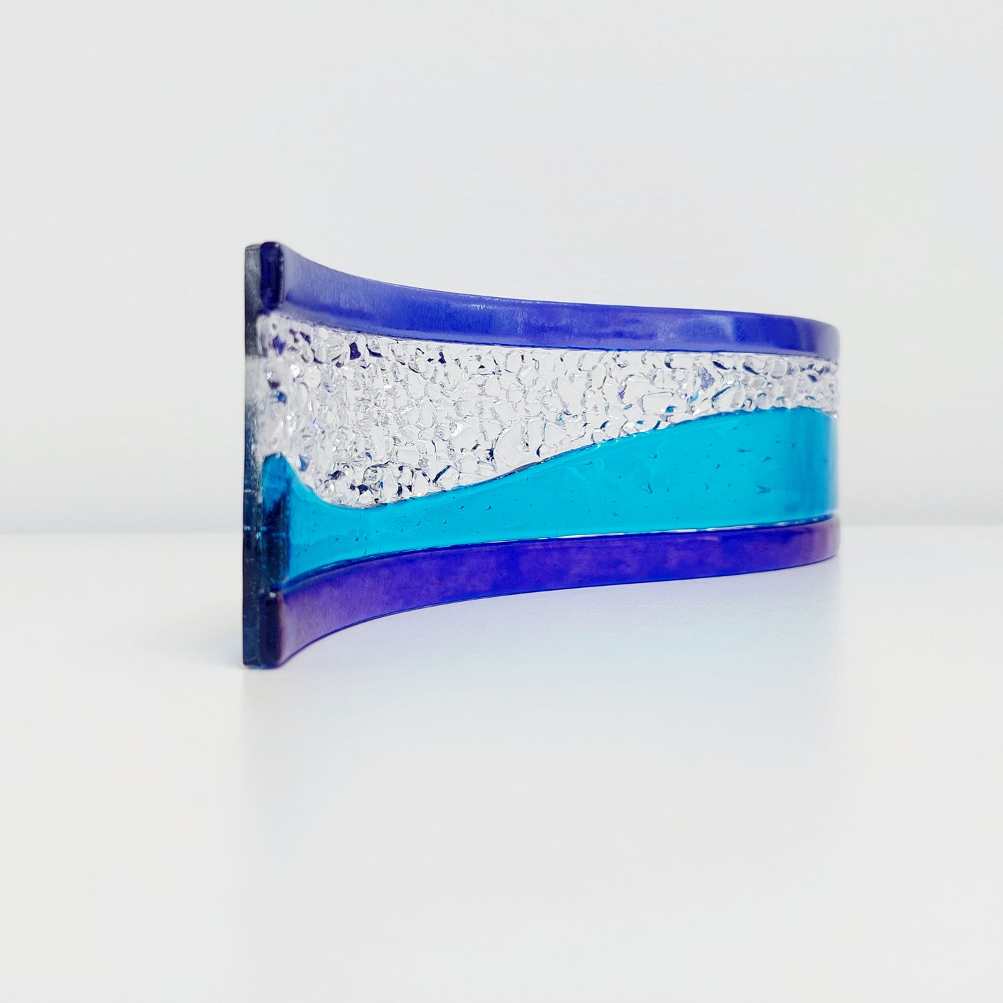 Turquoise and Iridescent Blue Glass Art Ornament |Freestanding Wave | S Curve