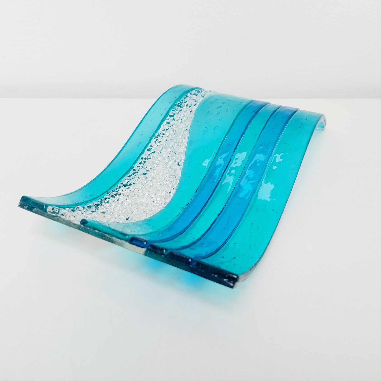 Large Aqua Glass Art Wave with Turquoise Accents, Handmade Textured Fused Glass Ornament, Aqua Décor, Beach House Décor, Lake District Gift