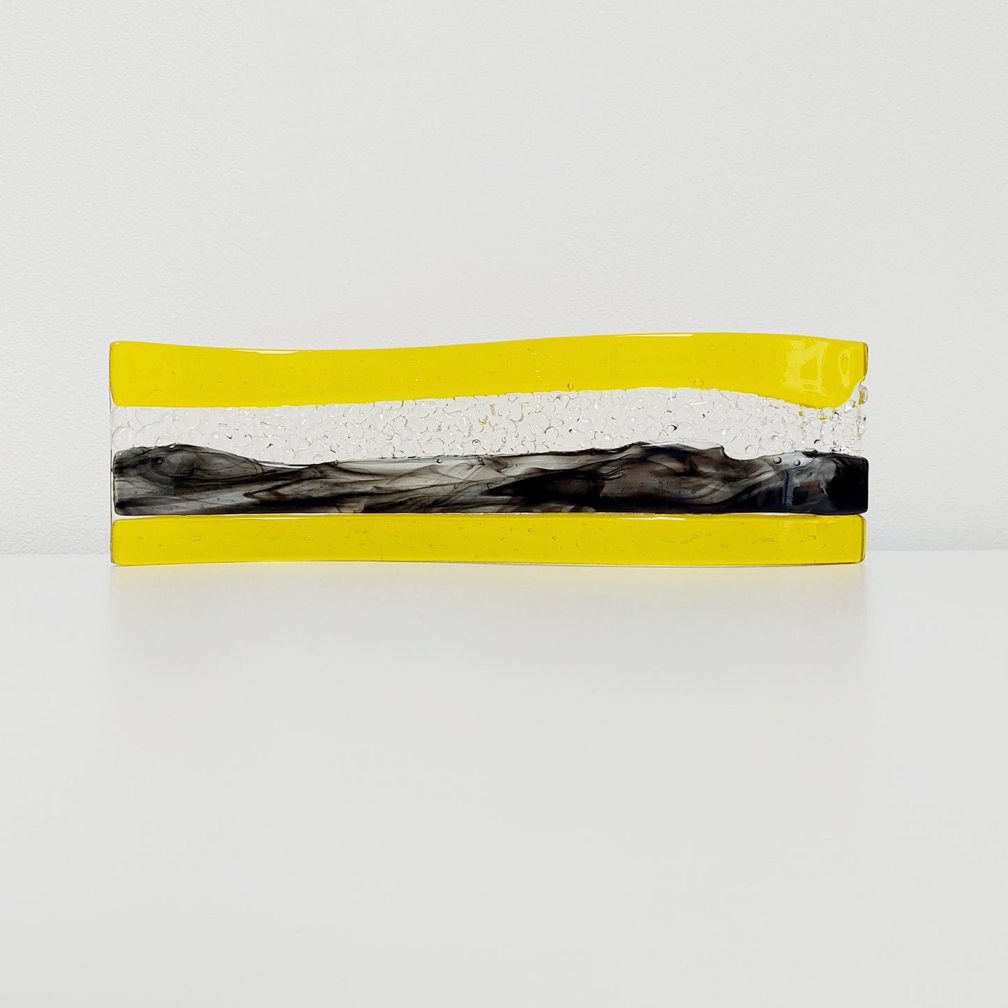 November Sunshine Glass Art Wave, Yellow and Black Sculpture