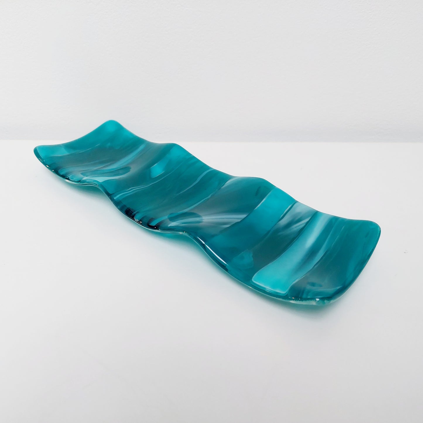 Handmade Teal Glass Candle Stand Kiln Formed in the Lake District
