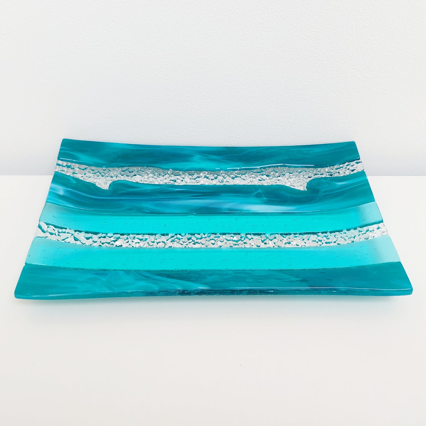 Teal and Aqua Glass Art Plate, Handcrafted Decorative Tray
