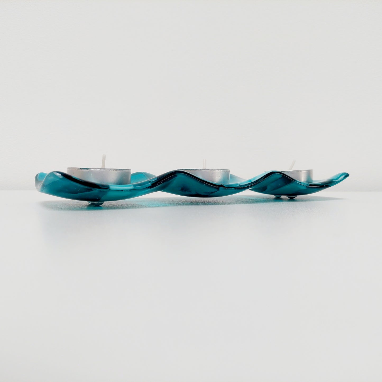 Handmade Teal Glass Candle Stand Kiln Formed in the Lake District