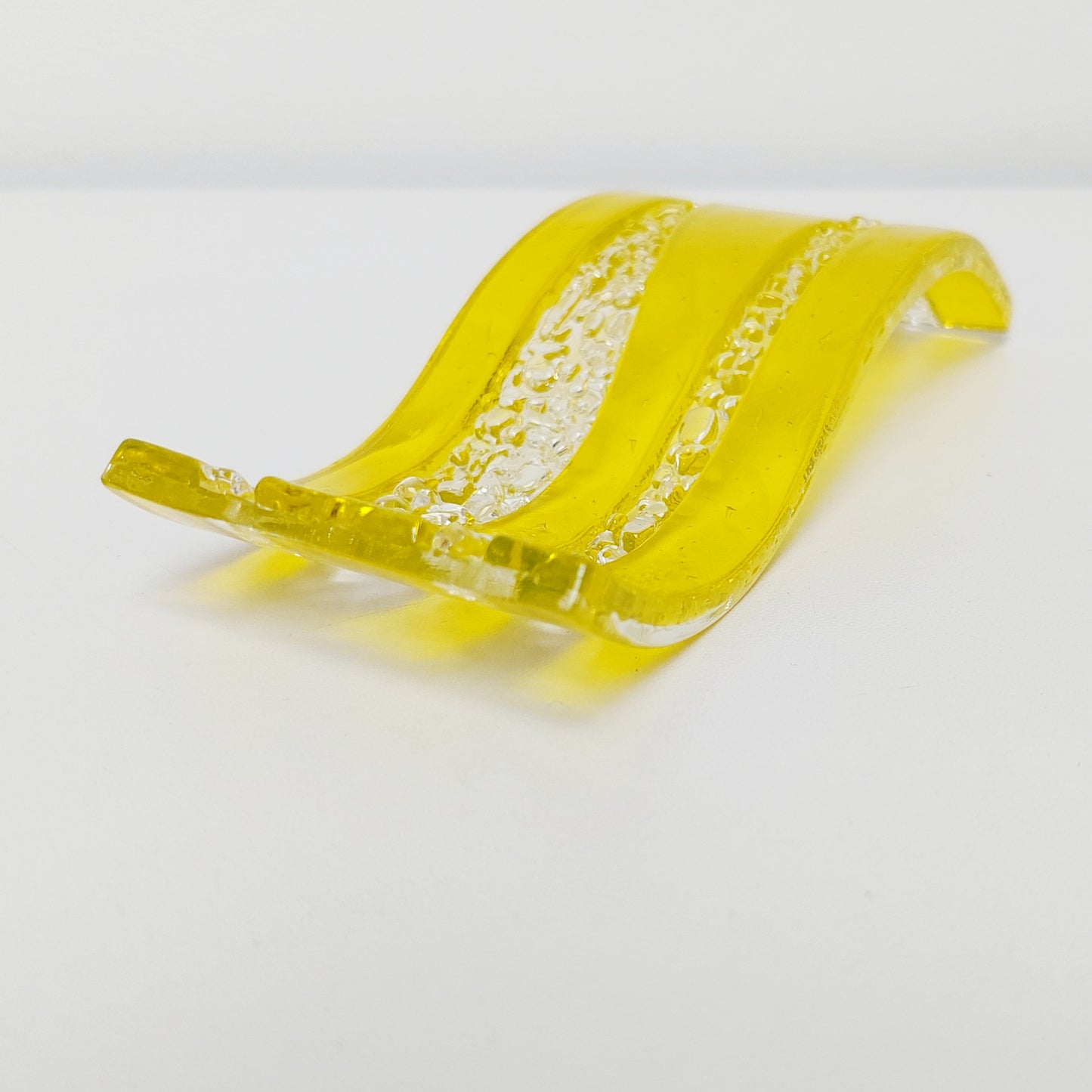 Handmade Yellow Glass Art Ornament, Freestanding Fused Glass Wave
