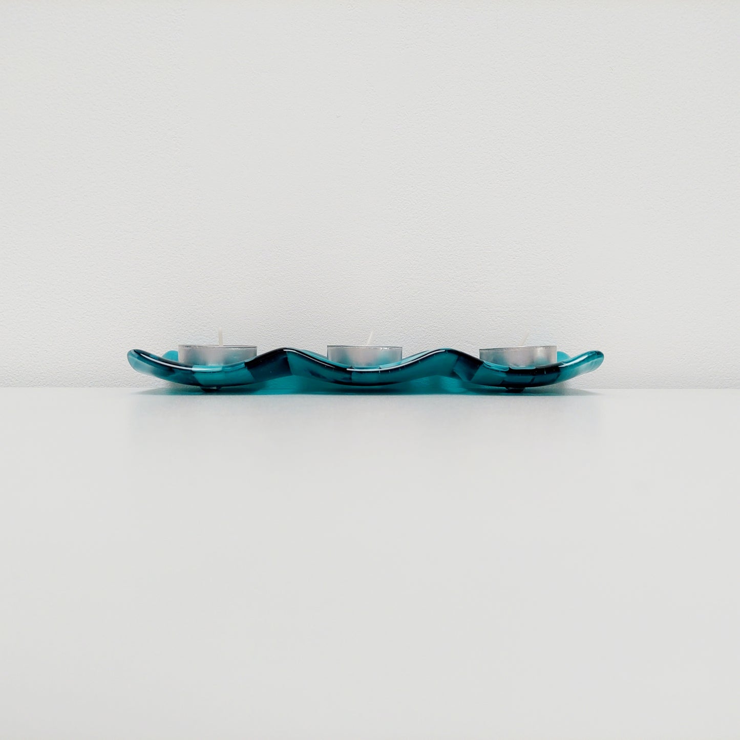 Handmade Teal Glass Candle Stand Kiln Formed in the Lake District